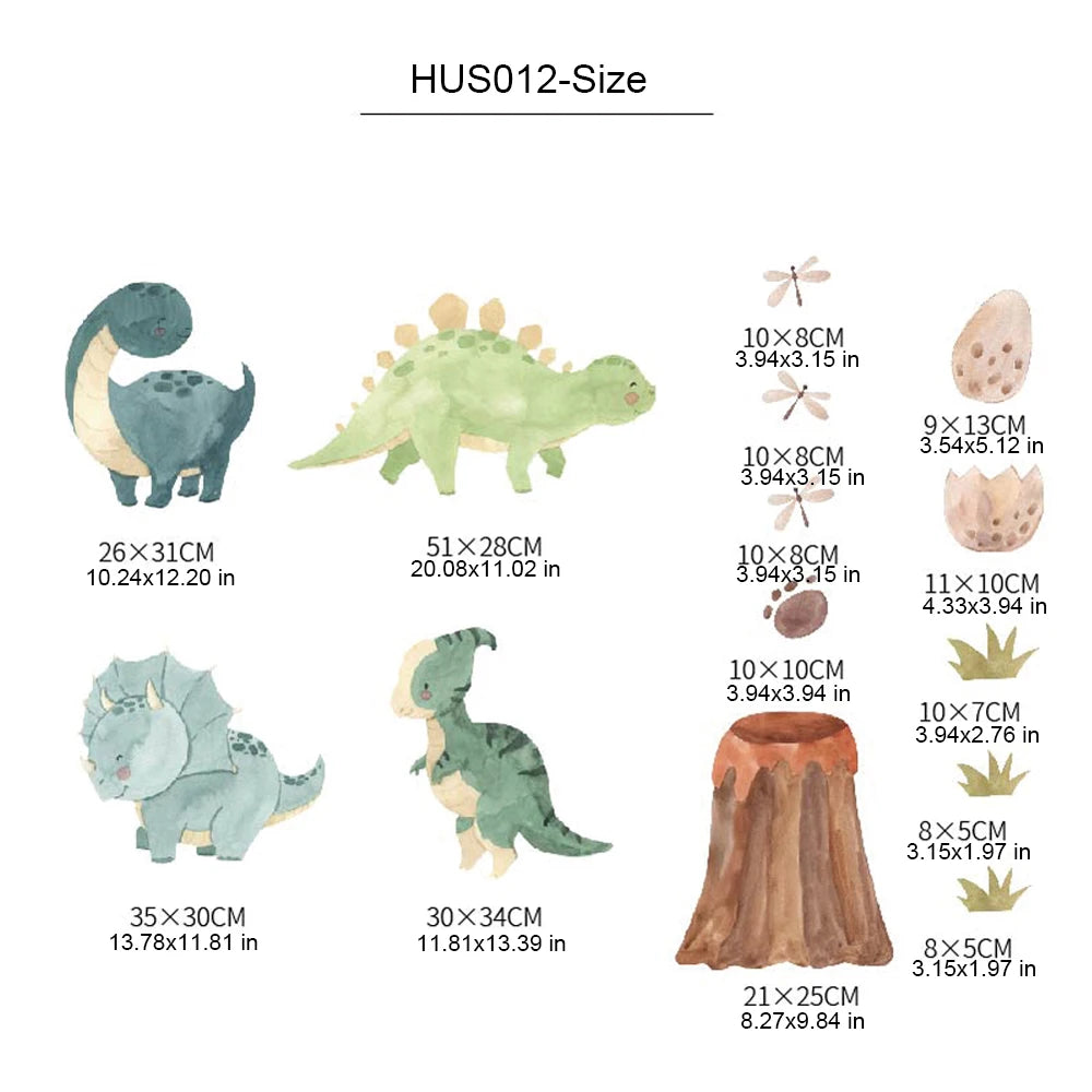 Illustrations of various dinosaur figures with their dimensions on a white background